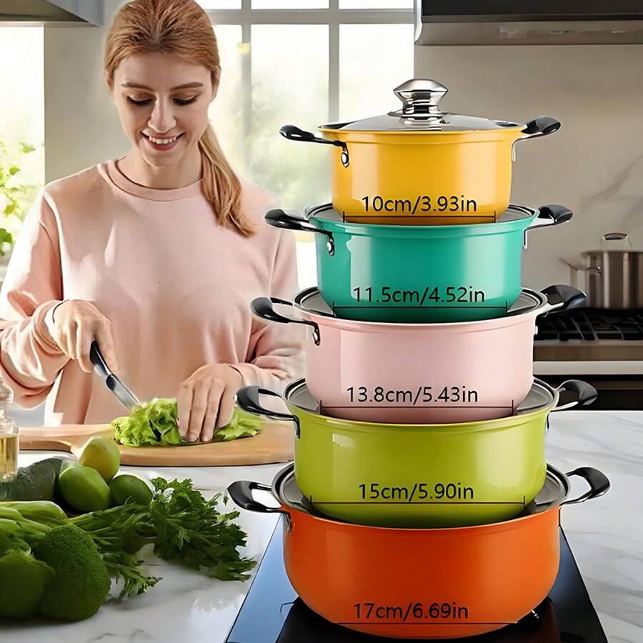 10-Piece Pot Set – Premium Stainless Steel Cookware Pots With Lids, Compatible With Electric, Induction, And Gas Stoves, Multicolor - 彩色 - 查看 1