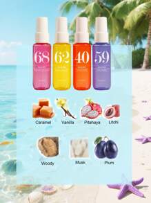 طقم صيفي صغير 4 قطع/5 قطع للنساء، رذاذ شعر طازج 40مل/1flفل. Gift. كوبون وتوبروز وفانيلا وكهرمان صغير كهدية لحفلات الشاطئ والسفر