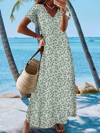 Spring/Summer Popular Lightweight Elegant Ditsy Floral V-Neck Long Dress, Versatile Slim Fit Vacation/Office/Travel Casual Fashion Dress For Women