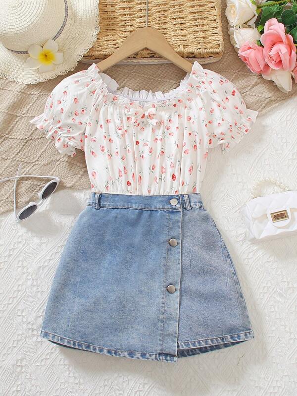2pcs/Set Girls' Summer Fashion Set, Includes Ditsy Floral Frill Collar Puff Sleeve Crop Top And Irregular Design Denim Skirt Shorts Suit