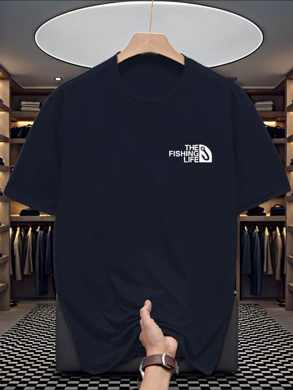 Men's New Sports And Leisure T-Shirt - Lightweight And Comfortable, Small Label Fish Hook THE FISHING LIFE Pattern Print, Suitable For Outing, Friends, Outdoor Travel Men's Sports Shirt, Suitable For Daily Leisure T-Shirt
