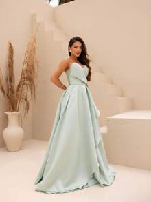 PRINCESS STRAP-OFF PARTY DRESS. Elegant Conservative / Modest PET Appliques - Mint Green - View 2