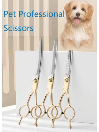 7.5" Professional Stainless Steel Pet Grooming Scissors Set - Straight & Curved Blades, Suitable For Left & Right Handed, For Dogs, Cats, Rabbits And Other Small Pets