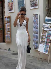 FOR BEAUTY 春夏新款收腰性感露背吊带针织连衣裙，适合女士海滩、度假、音乐节等场合穿着，时尚优雅的波西米亚风白色沙滩裙，新年必备单品