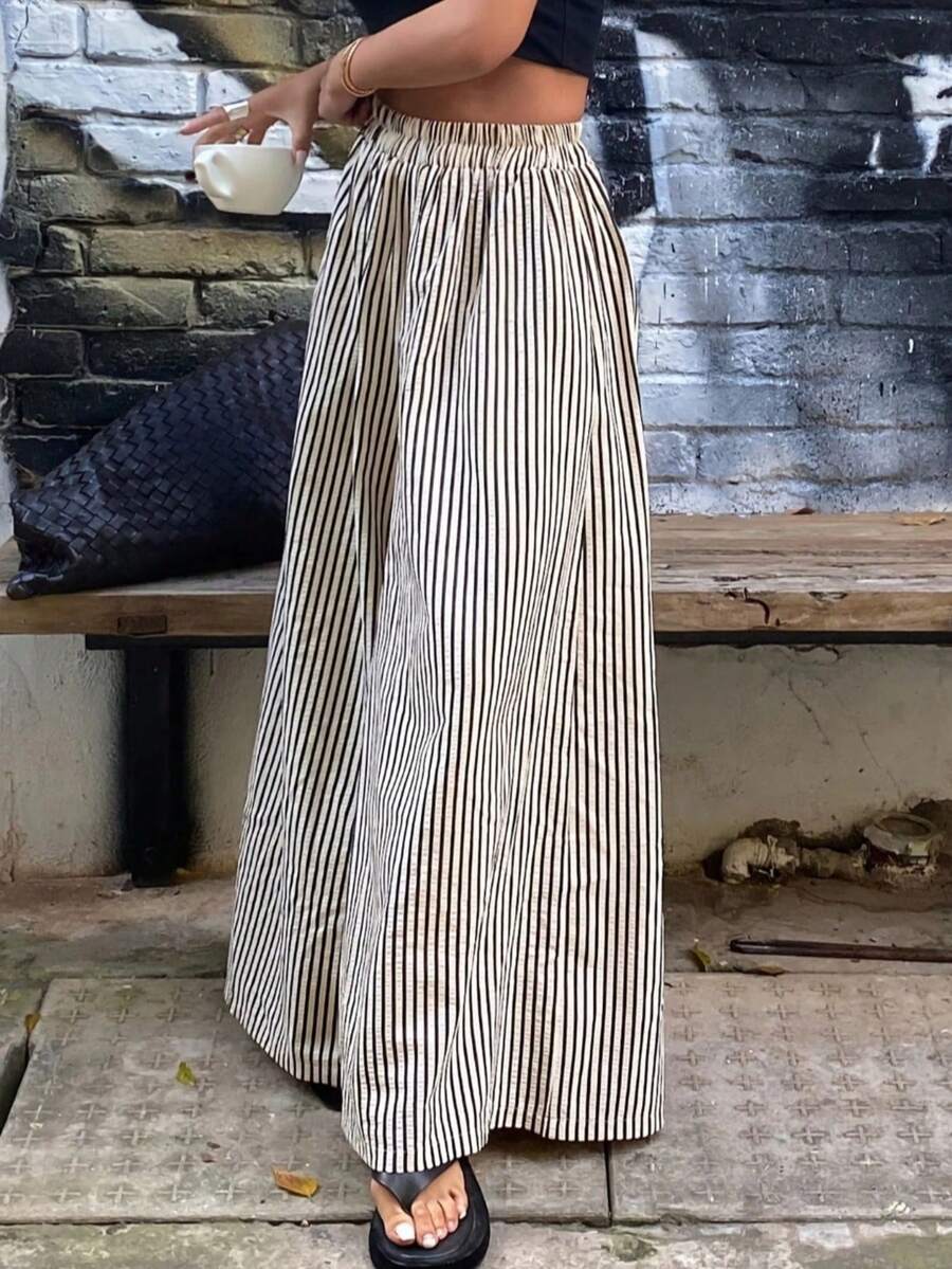 春夏优雅休闲条纹印花宽松阔腿裤，侧边口袋设计，适合旅行度假，黑色 - 黑色 - 查看 1