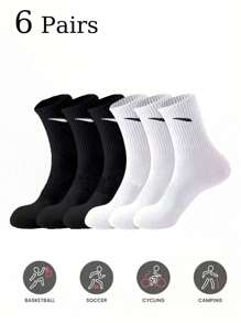 6 Pairs Unisex Black & White Mid-Calf/Crew Socks, Minimalist Design Comfortable Casual Socks Suitable For Daily Wear, Home, Travel, Sports, All Seasons