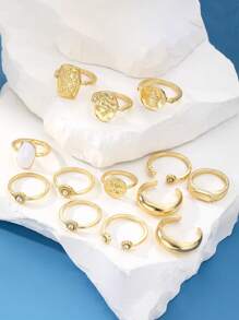 13pcs/Set Retro Rhinestone Hollow Portrait Adjustable Ring Set - Suitable For Daily & Casual Occasions