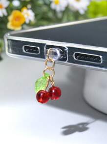 1 pezzo Tappo antipolvere in silicone a forma di pendente di ciliegie rosse per porta di ricarica del telefono, compatibile con prese di ricarica Lightning e Type-C, decorazione