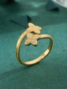 1 anel de ouro trevo de quatro folhas com zircônia cúbica incrustada, camada dupla, personalizado para mulheres, adequado para uso diário ou como presente de aniversário/dia dos namorados