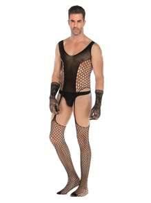 Men's Open-Crotch Seductive Nightwear High-Elastic Jacquard Bodysuit.Gloves Are Not Included.Sexy Lingerie