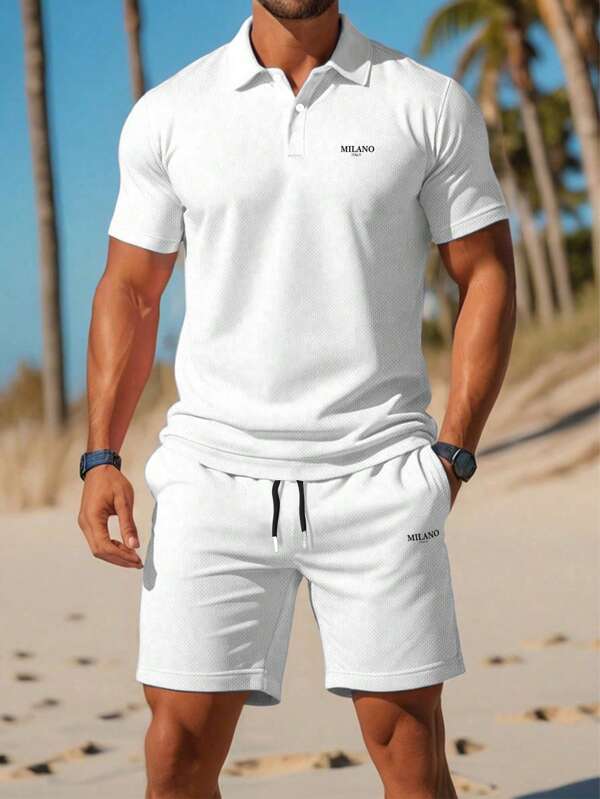 Ensemble de costume décontracté pour hommes, Top à manches courtes et shorts de couleur unie. Ensemble polo motif milanais