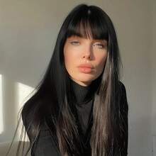 28.3 Pulgadas Peluca Negra Larga Lisa con Flequillo y Malla Interior, Peluca Negra Larga Lisa Ajustable con Flequillo Mujer Resistente al Calor Elegante Peluca Sintética Suave para Cosplay Fiesta Uso Diario y Ocasiones Especiales - Negro - Ver 11