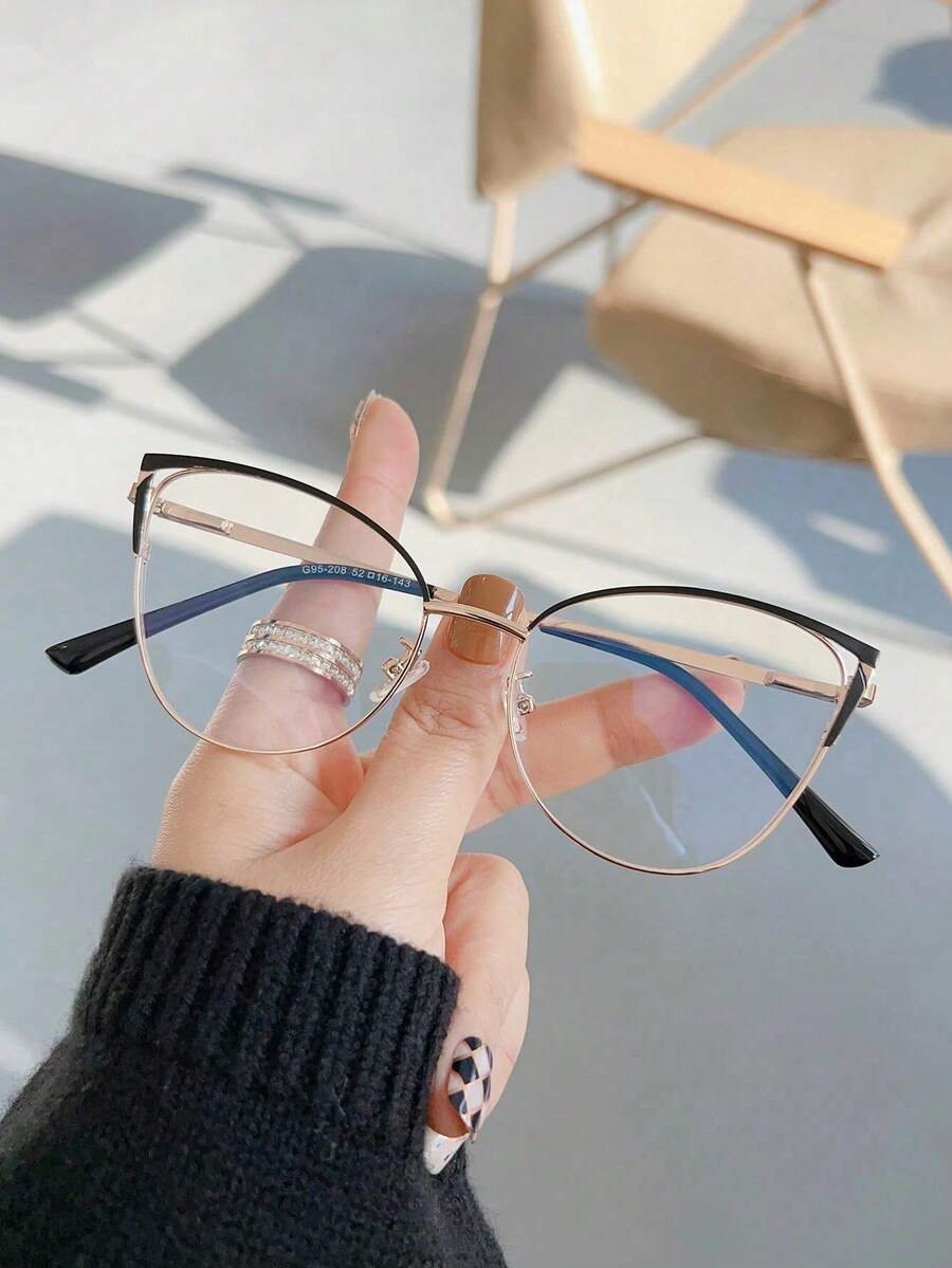 1pc Women's Metal Cat Eye Rhinestone Unique Design Shiny Clear Lens Glasses