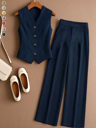 Elegant Women Summer Set, Long Casual Outfit, Solid Color Sleeveless Button Vest + Elastic Waist Pocket Pants, Suitable For Daily Casual & Commute Wear