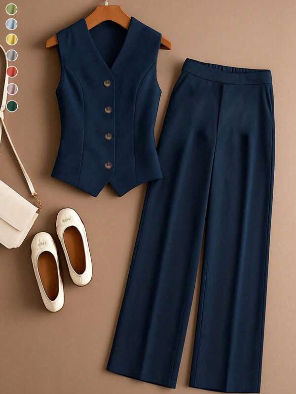 Set elegante da donna per l'estate, outfit casual lungo, canotta tinta unita senza maniche con bottoni + pantaloni con elastico in vita e tasche, adatto per uso casual e quotidiano