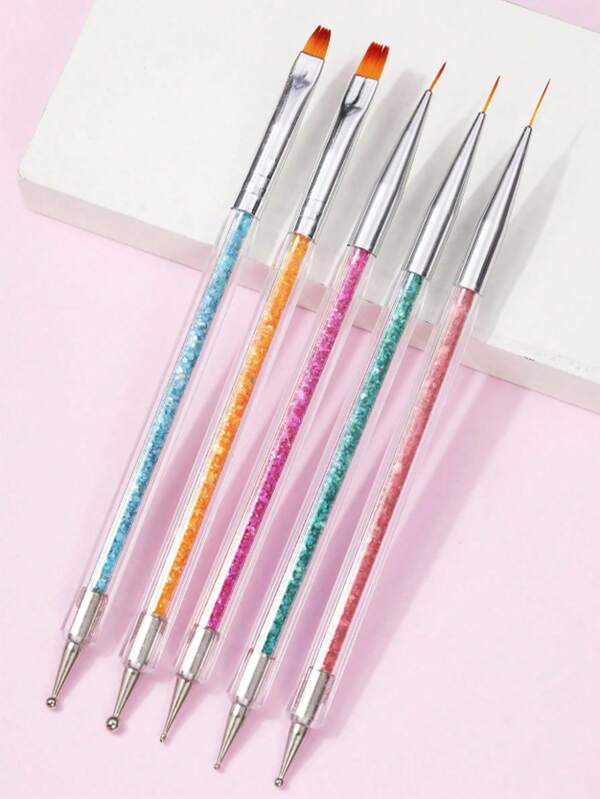 Nail Art Brushes, 5pcs Nail Liner Brushes Double-Ended Acrylic Nail Brush Nail Art Striping Nail Dotting Drawing Tool For Long Lines,Thin Details, Fine Drawing, Delicate Coloring, Elongated Lines Brushes And Nail Dotting Pens For French Nail Tip