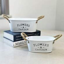 White Oval Flower Pots Metal Iron Planter For Railing Fence Balcony Garden Home Decoration