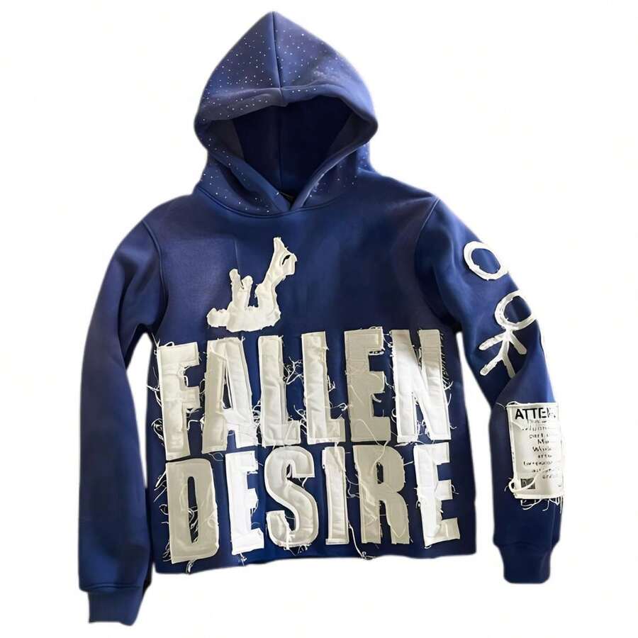 Letter Graphic Y2K Hoodie FALLEN DESIRE Hoodie Jackets Streetwear Unisex - 藍色 - 查看 1