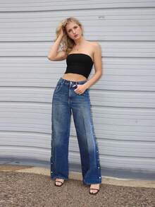 Wide Leg Denim Jeans With Side Snap Buttons, High Rise, Classic Blue Wash - 藍色 - 查看 4