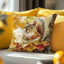1pc Autumn Maple Forest Animal Cute Bear Fox Squirrel Deer Printed Throw Pillow Case [No Pillow Insert], 17.7*17.7in(45*45cm), [Single Sided Printed], For Sofa, Bed, Living Room, Bedroom, Car, Office, Hotel Decoration, All Season, Perfect Gift For Family And Friends
