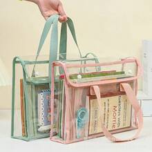 1pc Large Capacity Transparent Waterproof PVC Handbag With Expandable Mesh Storage Pouch - Portable For Office Supplies, School Documents Etc. - Available In Pink, Green, Blue, Yellow, File Organizer Bag | Fashionable Storage Bag | PVC Storage Bag,Back To School,School Supplies
