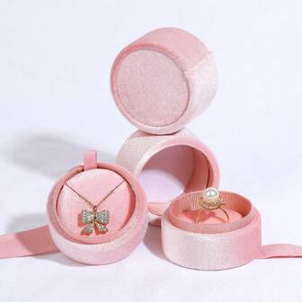 1 pieza Caja de joyería con lazo redondo de terciopelo rosa para anillo de compromiso, aretes, collar, pulsera - empaquetado y exhibición de joyas para boda y regreso a clases