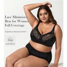 Plus Size Bras, For Women Comfortable Lace Minimizer Wireless Bra ,Full Coverage T Shirt Bras - Black - View 4