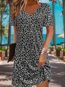 Fashionable Lightweight Ditsy Floral Midi Dress For Women, Casual, Elegant, Versatile For Vacation, Work, Travel, Summer - Black - View 3