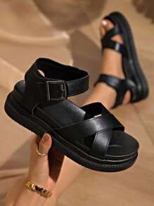Women's Flat Sandals, New Thick Sole Black Sandals, Roman Style Non-Slip Versatile Fashion Sandals, Summer Casual Beach Sandals