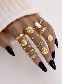 13pcs/Set Retro Rhinestone Hollow Portrait Adjustable Ring Set - Suitable For Daily & Casual Occasions