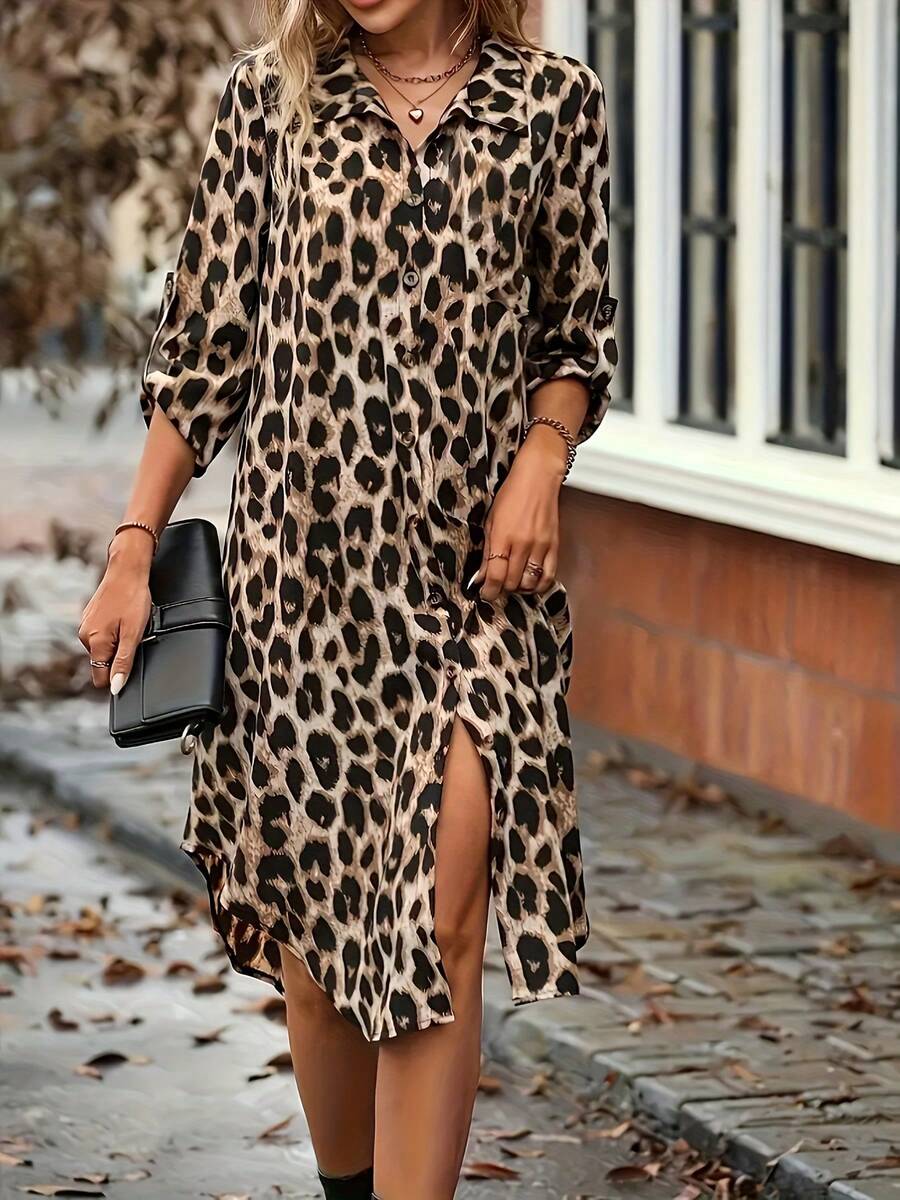 1 Pieza Vestido con botones y estampado de leopardo en tejido de punto, adecuado para vacaciones y todas las estaciones - Multicolor - Ver 1