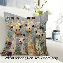 1pc Floral & Giraffe Family Decorative Pillow Cover, 18x18 Inches, Soft Polyester, Zippered Closure, Perfect For Living Room Sofa Home Decor, Bedroom Headboard Cushion, Pillow Insert Not Included