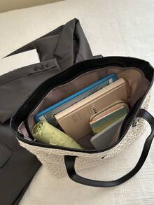 Túi Tote rơm dung tích lớn phong cách đại học cổ điển dành cho nữ, Túi đeo nách màu tương phản thời trang, Túi mua sắm thường ngày phổ biến cho bãi biển mùa hè - màu đen - Xem 6