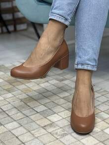 Pumps Thick Heel Doll Shoes Fashion Comfort Retro Doll Shoes High Heel Square Block Party Patent Leather And Napa Comfortable Closed Low Heel Square Shoes Elegant For Office And Work Round Toe - 焦糖棕 - 查看 2