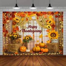 1pc Thanksgiving Background Banner, Polyester - Autumn Pumpkin & Sunflower Harvest Theme Party Decor, Thanksgiving Turkey Photo Booth Backdrop, Autumn Holiday Non-Electric Wall Decoration Banner