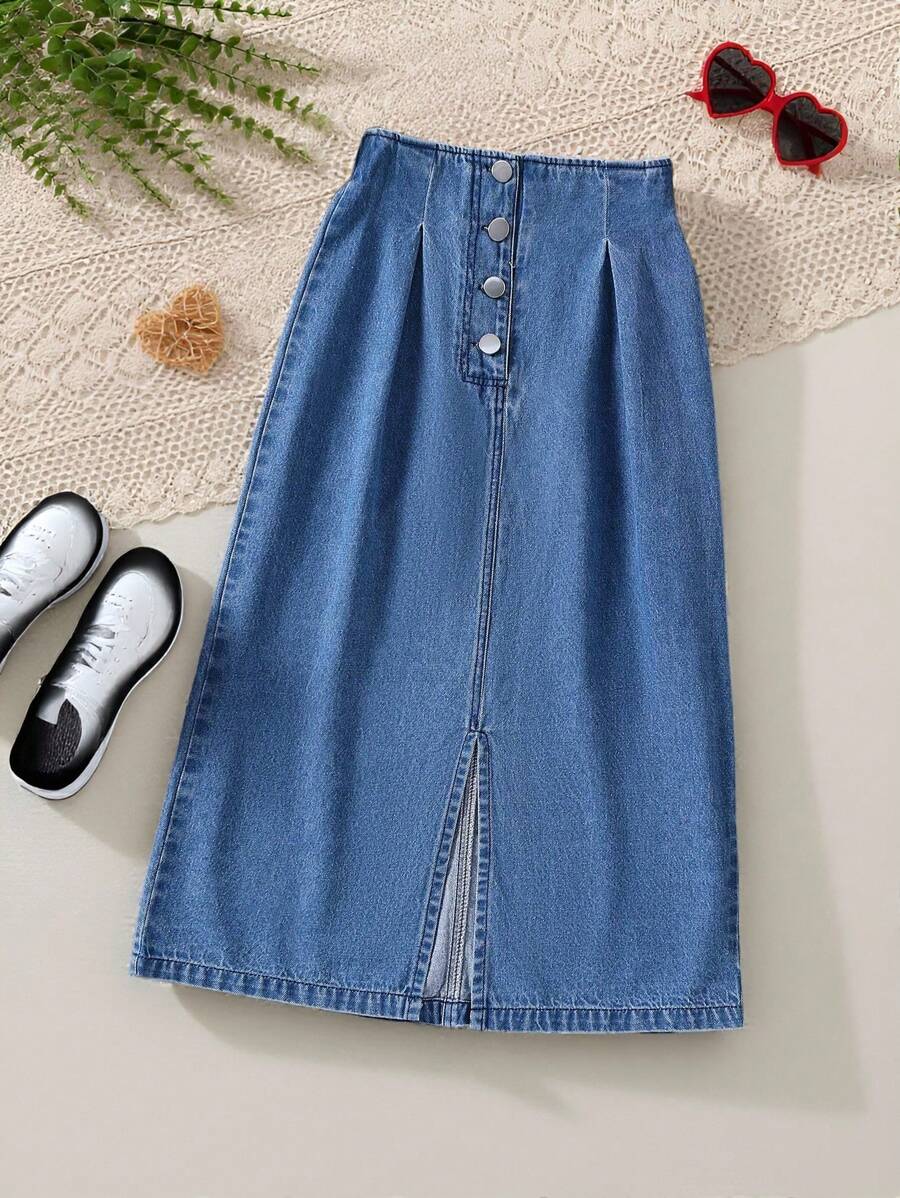 Tween Girls 4-Button Slit Hem Denim Mini Skirt, All Season