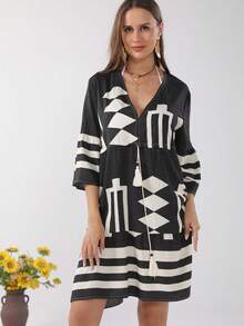 Vestido Cover Up De Mujer De Bata Informal Con Escote En V Con Estampado Geométrico,Cover Up Con Diseño Cordón De Manga Acampanadas - Negro - Ver 3