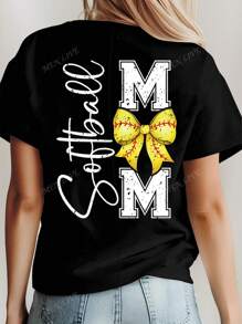 Plus Size Mother's Day Butterfly & "Softball MAMA" Graphic Tee, Women's Black Short Sleeve Round Neck T-Shirt, Casual Everyday Wear For Summer