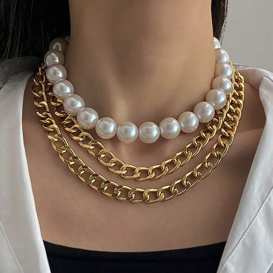 2pcs Set Multi-Layer Pearl & Metal Chain Necklace, Women Jewelry Set - Gold - View 1
