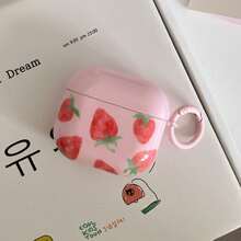 Summer Korea Style Pink Strawberry Design Earphone Case + Strap Suitable Compatible With Apple Pro 2/Pro/3/4/2 Case, Fashion/Cute/Fruit Wireless Earbuds Protective Cover