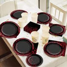 10/20/40pcs,Black Base Red Dot Disposable 7inch & 9inch Paper Plates,Red Confetti Rim Round Plates, Gradient Red Sparkle Dot Border Plate For Birthday Anniversary New Year Casino Night Club Graduation Theme Party Table Supplies - Multicolor - View 2
