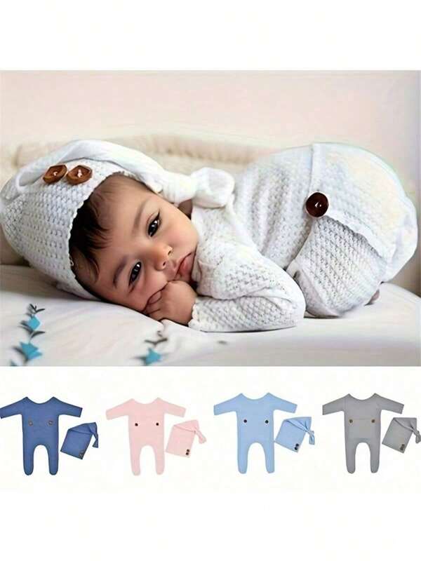 Long Sleeve Knitted Romper Bodysuit With Beanie Cap Newborn Baby Boy Clothes Photography Props Toddler Photo Shooting Clothing Set Outfits