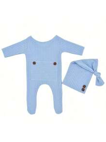 Conjunto de Roupas Macacão de Tricô de Manga Longa com Gorro para Recém-Nascido, Roupas de Fotografia para Bebês Meninos, Roupa para Sessão Fotográfica de Crianças Pequenas