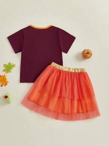 Toddler Girl Thanksgiving Outfit Turkey Print Round Neck Short Sleeve Tops With Tulle Mini A Line Skirt 2Pcs Set - Khaki - View 7