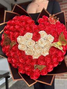 100Pcs Ribbon Bouquet Eternal Rose Bouquet DIY Ribbon Rose Bouquet Handmade Flower Bouquet, Ramo Buchon, Holiday Girfs, Wedding Birthday Bouquet,Randomly Send Two Different Technologies (Punching Or Heat Stamping) - Multicolor - View 7