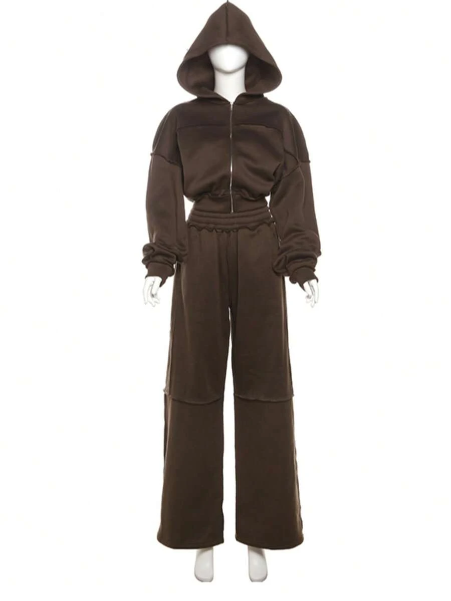 女式街头风格休闲连帽拉链夹克和宽松长裤套装 - 棕色 - 查看 1