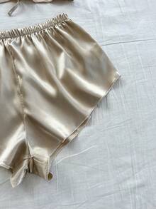 4 Peças/Conjunto De Pijama Feminino De Cetim Elegante Confortáveis E Sexy, Cami, Lingerie Com Roupão, Calças Compridas E Shorts - Champanhe - Visão 4