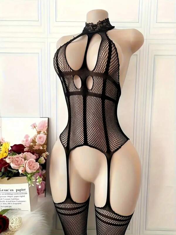 Women's Sexy High-Waisted Bodysuit - Semi-Transparent Mesh Back With Delicate Lace Trim, Mid-Support Seamless Underwear, No Padding & Low-Rise Physiological Panties, Elegant Special Collection, Bodysuit Lingerie, Intimate Apparel, Backhollow Design, No Padding Needed