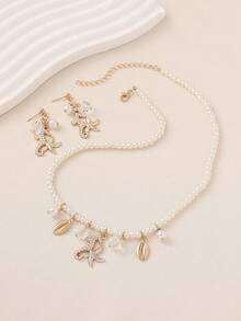 3 件海洋主题人造珍珠、海星、贝壳串珠项链和耳环套装，适合波西米亚风、沙滩装、休闲装、度假装、节日礼物的女性 - 金黃色 - 查看 10