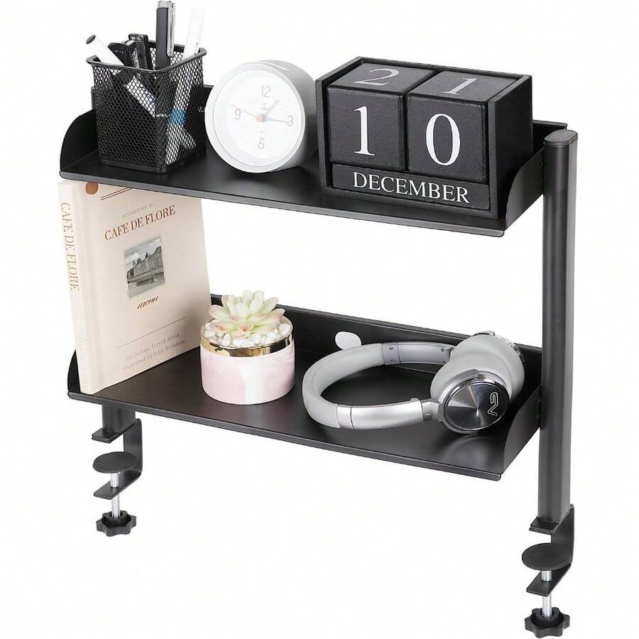Organizador de escritorio con abrazadera, Estantería de extensión de escritorio de 17,32", Unidad de estantería de 2 niveles con bandeja de almacenamiento metálica ajustable, Extensión de escritorio, Mesa lateral, Para accesorios de escritorio, Dispositivos de juego - 1 - Ver 1